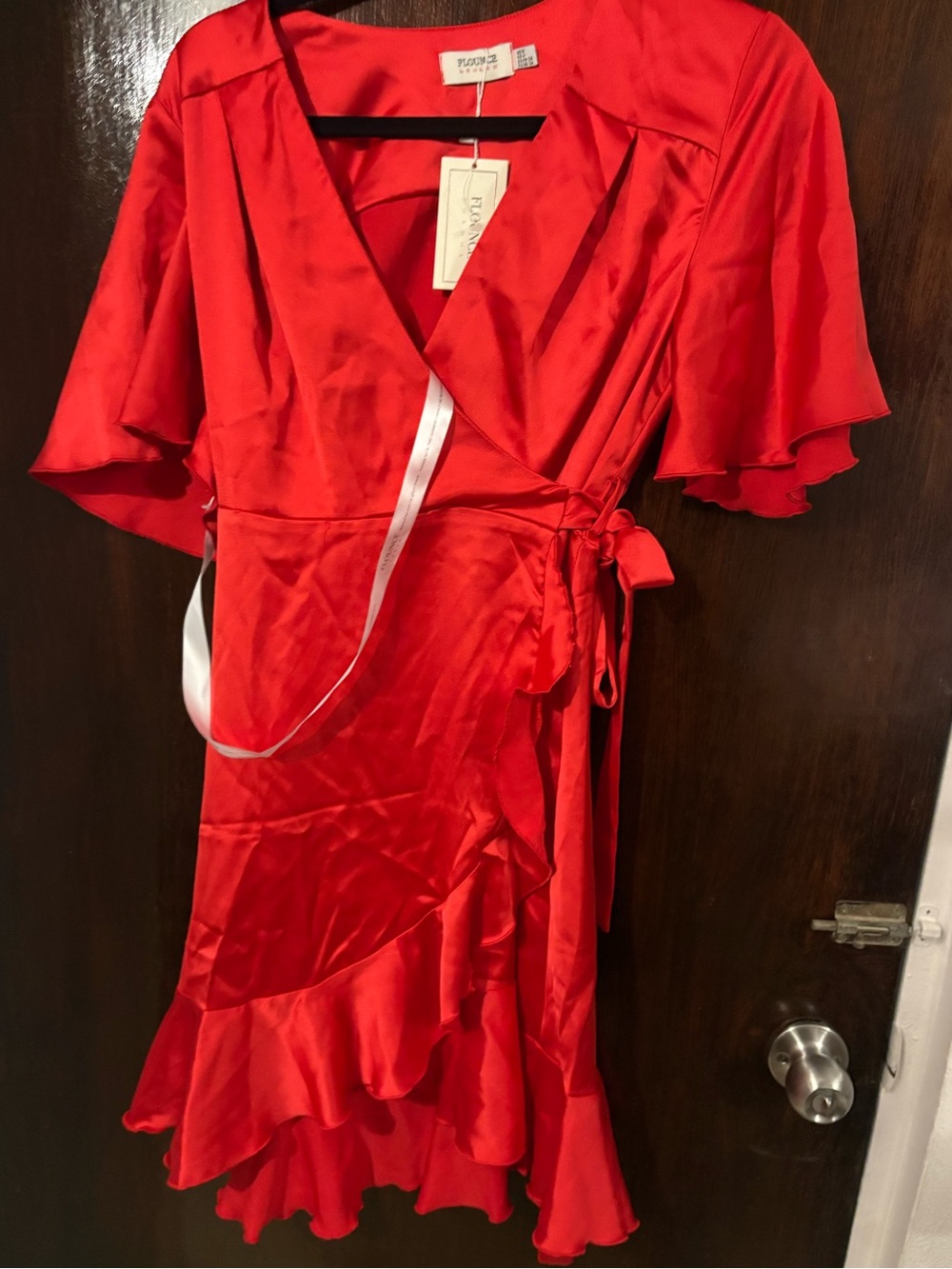 Bundle 2 for $30. NWT Flounce Red Satin Wrap Midi Dress with Ruffle Hem. Size 4.
